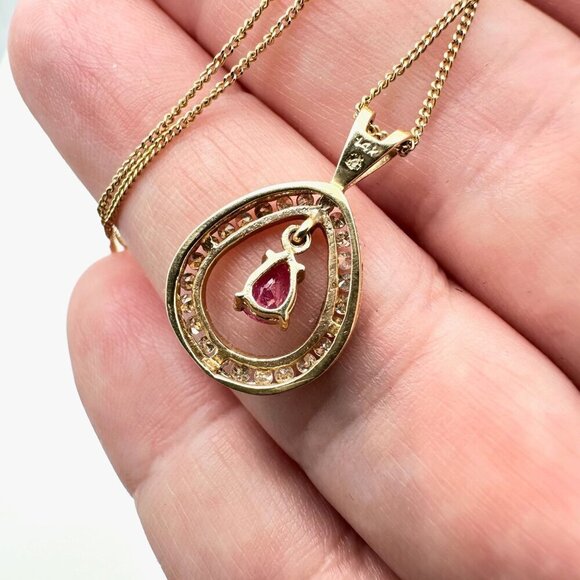 Estate Womens Necklace 14K Yellow Gold Ruby Diamond Pendant 18 Inch - Picture 4 of 6